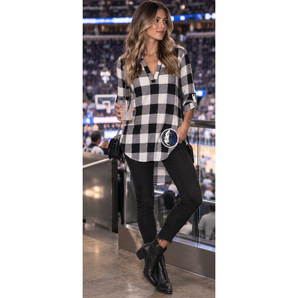 GameDay Couture Dallas Mavericks Buffalo Plaid Sequin Tunic Top S